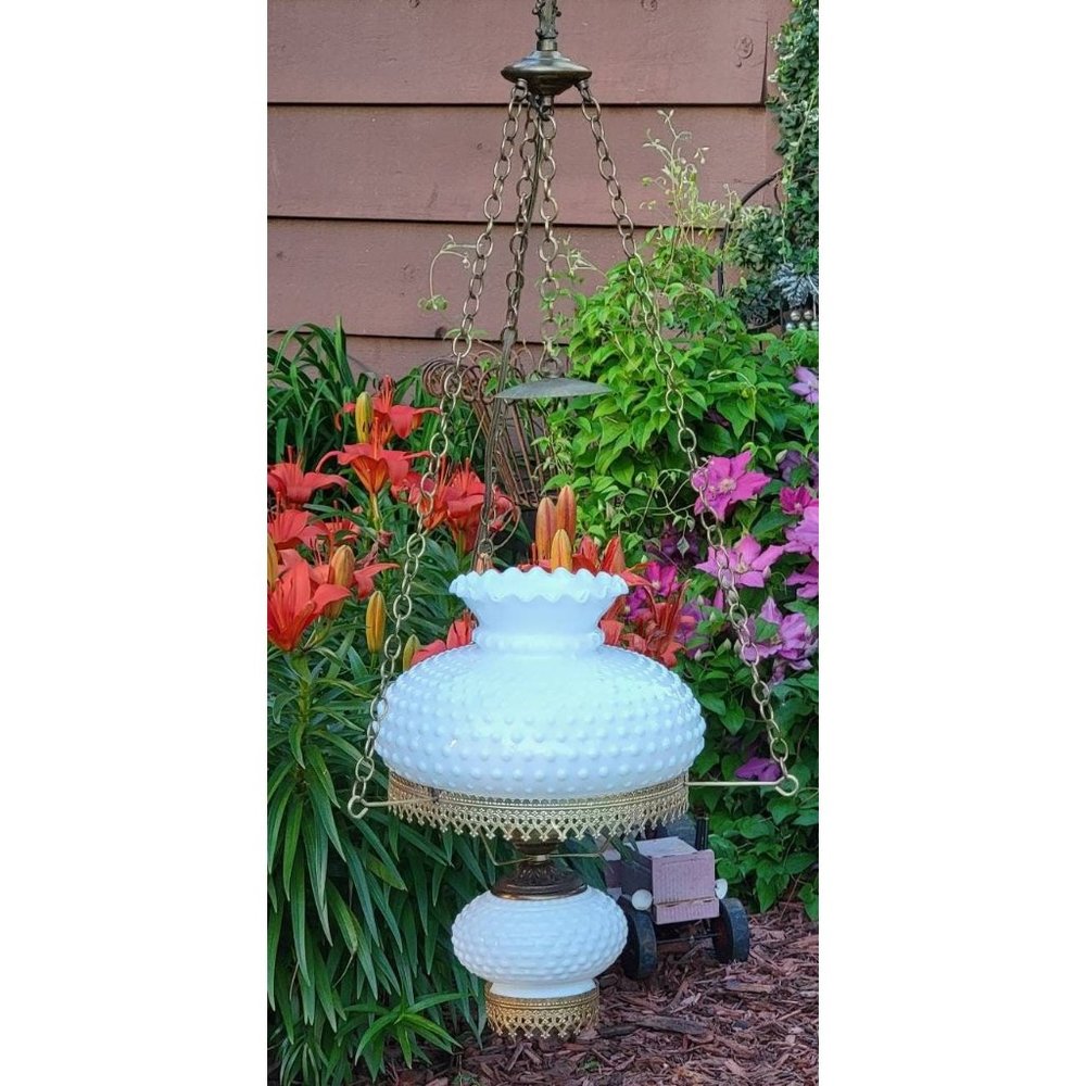 Vintage Ornate Metal Ruffled Hobnail Milk Glass Hurricane  Globe Hanging Swag Li